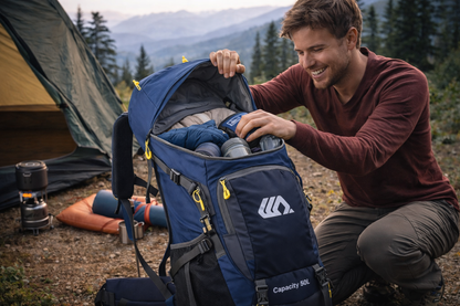 homme cherche affaires dans sac de randonnee camping