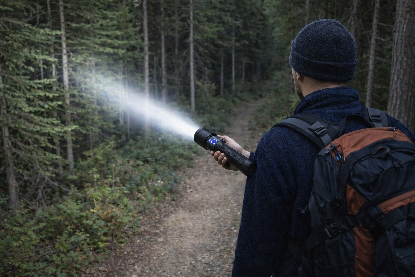 homme dans foret eclaire avec lampe torche 