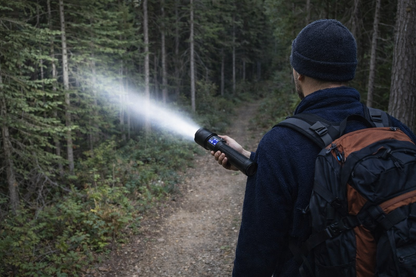 homme dans foret eclaire avec lampe torche 