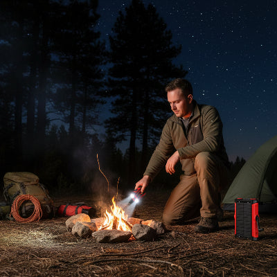 homme eclaire feu de camp avec batterie externe solaire