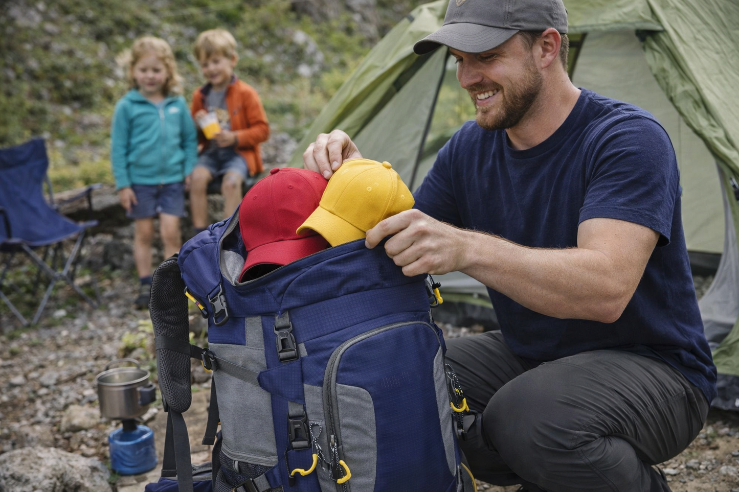 homme enfants sort casquettes du sac a dos randonnee