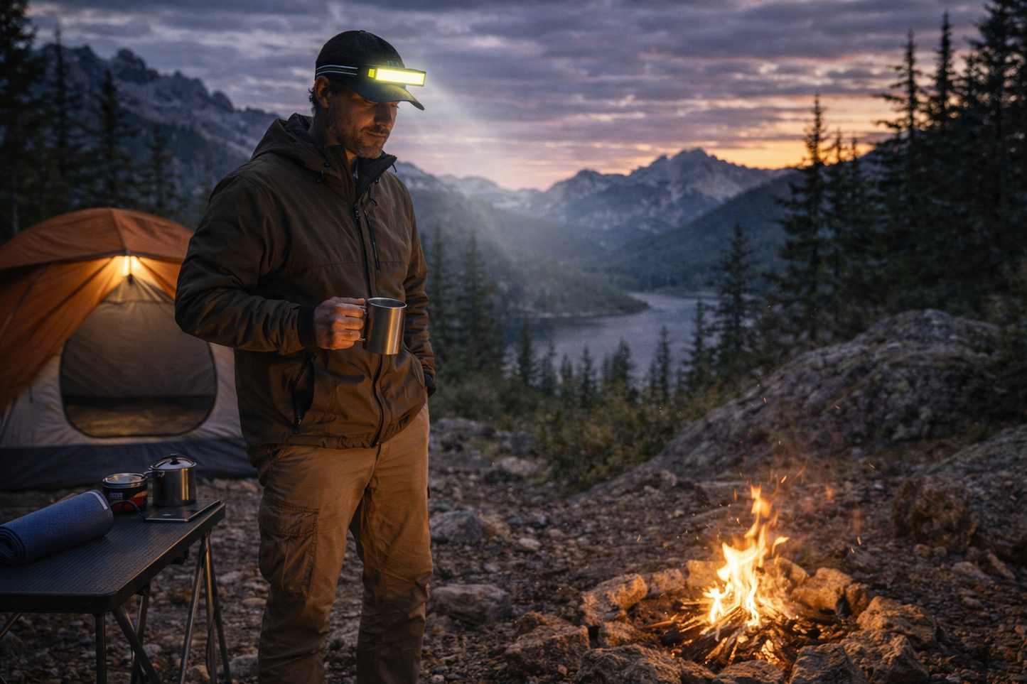 homme fait du camping avec lampe frontale