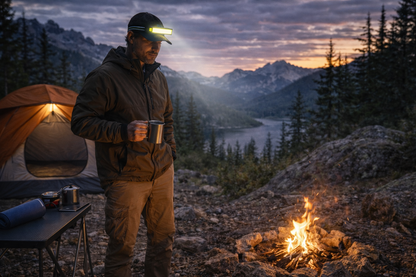 homme fait du camping avec lampe frontale