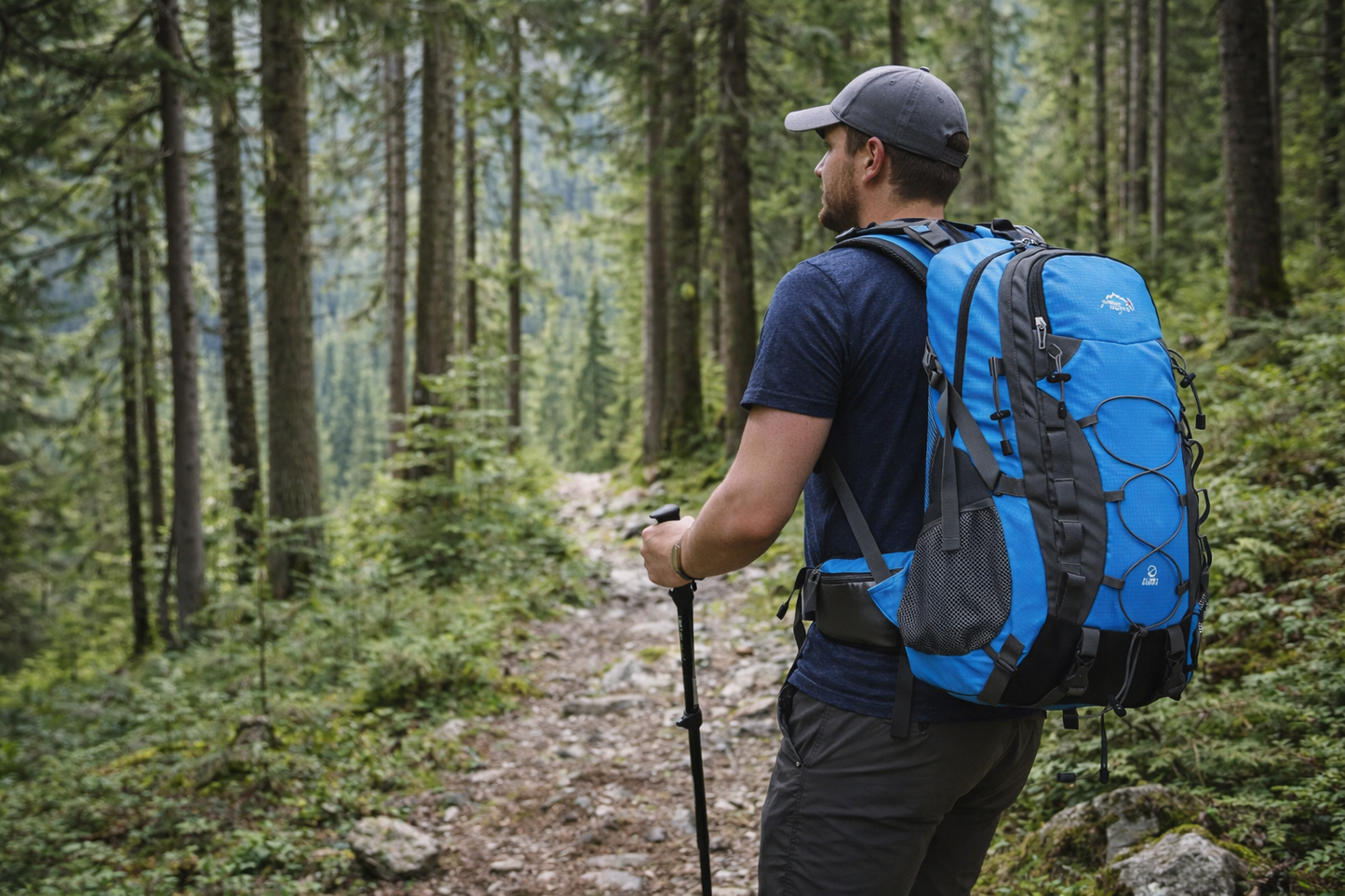 homme foret marche avec sac de randonnee