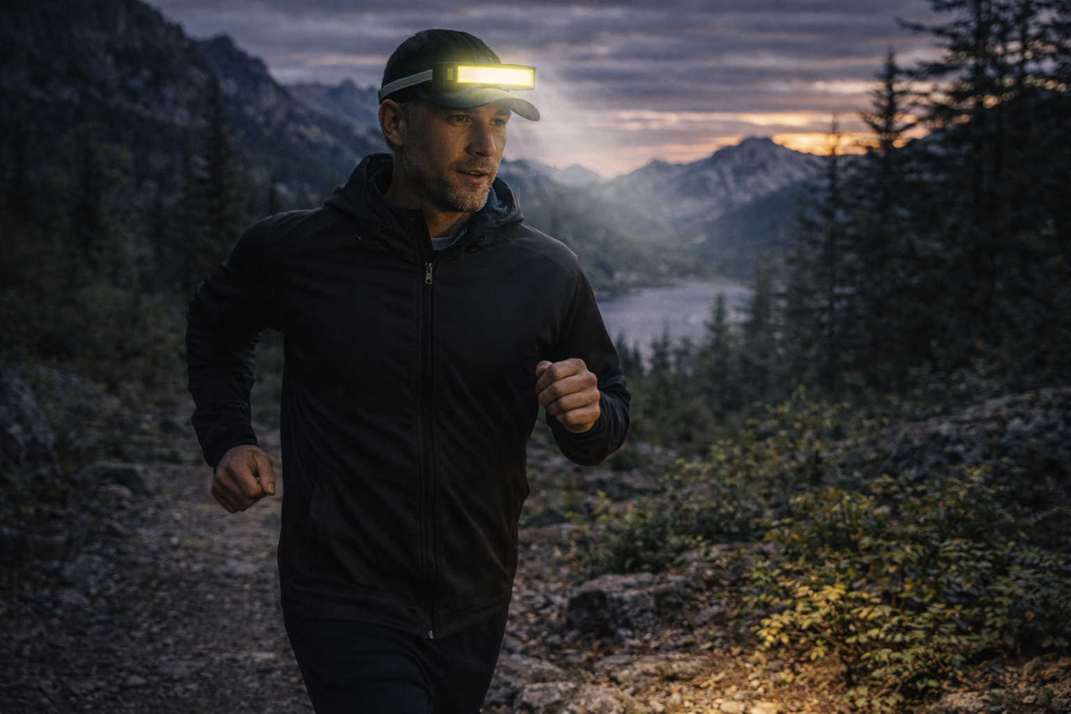 homme jogging nature avec lampe frontale