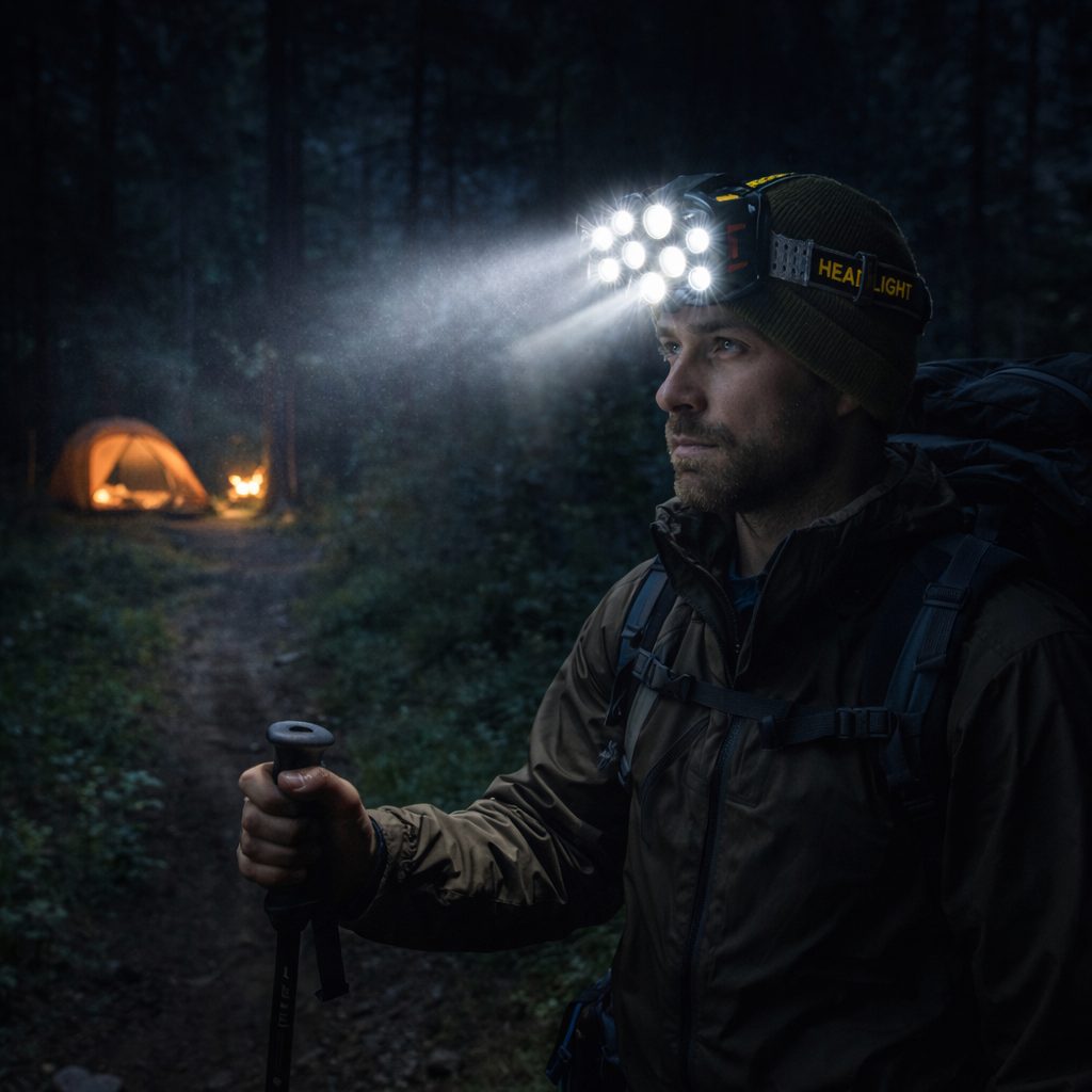 homme marche avec lampe frontale rechargeable allumee camping
