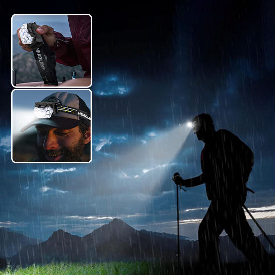 homme marche dans nature avec lampe frontale rechargeable pluie