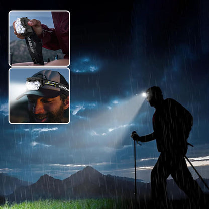 homme marche dans nature avec lampe frontale rechargeable pluie