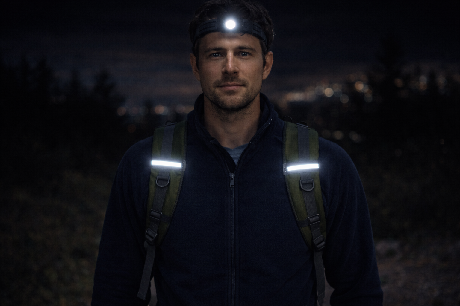 homme marche nuit avec sac de randonnee