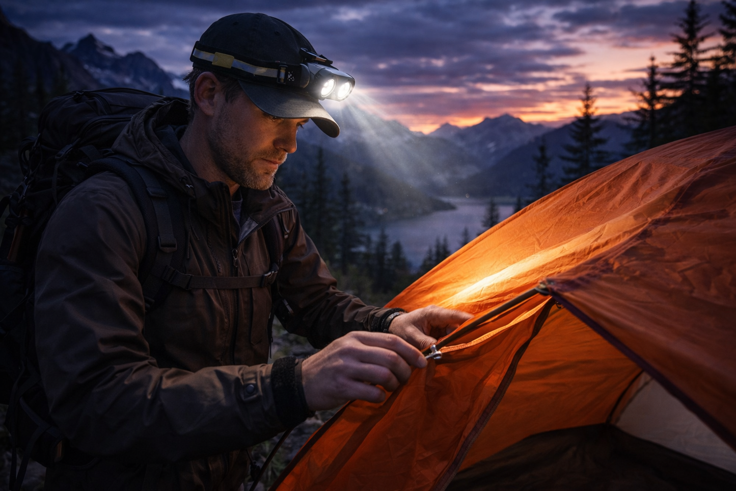 homme monte tente camping avec lampe frontale