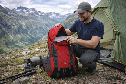 homme ouvre sac de randonnee tente montagnes