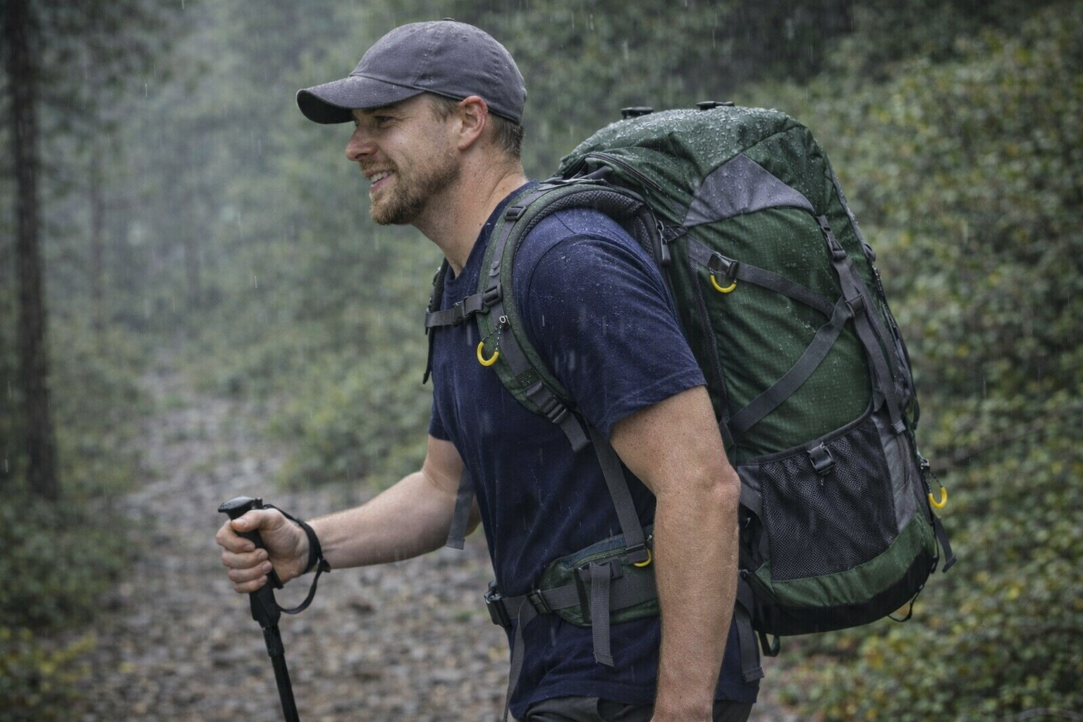 homme porte sac a dos randonnee foret pluie
