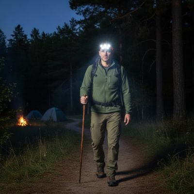 homme randonnee nocturne avec lampe frontale rechargeable lumineuse