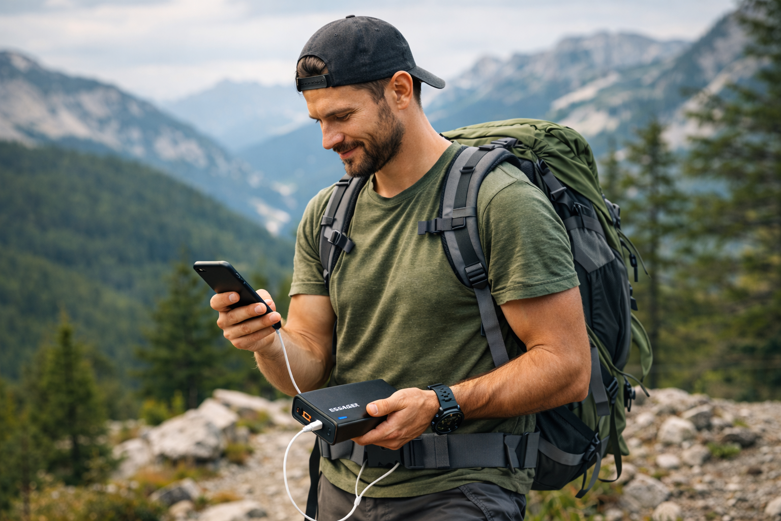 homme randonnee recharge telephone avec batterie externe