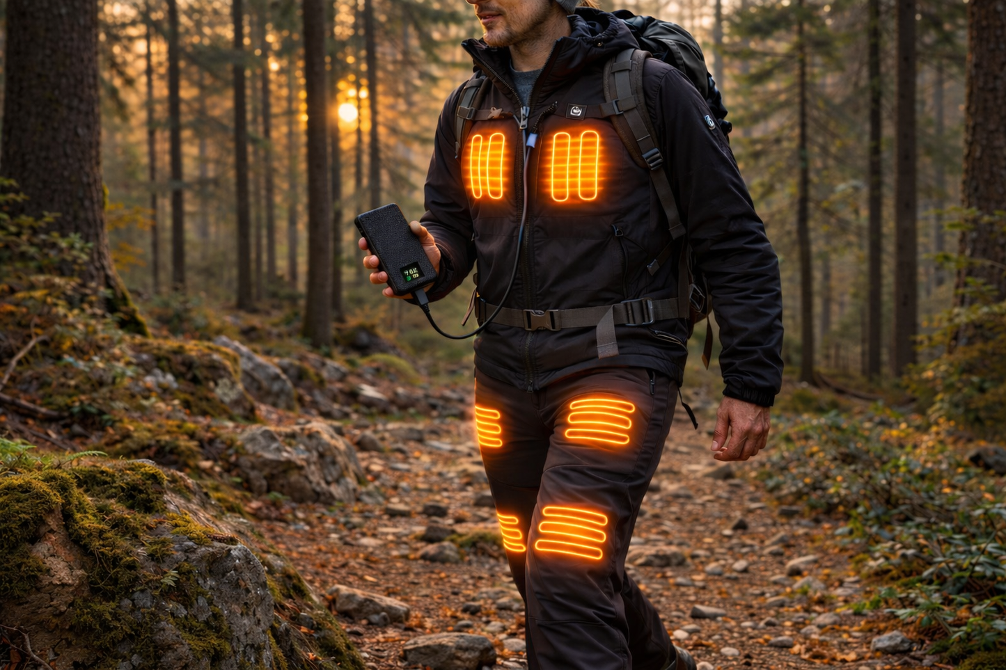 homme randonnee recharge vetements chauffants avec batterie externe