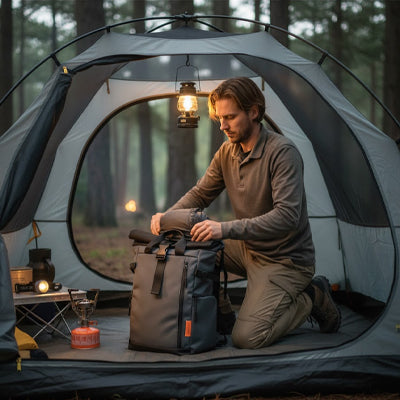 homme range affaires dans sac de voyage a dos tente