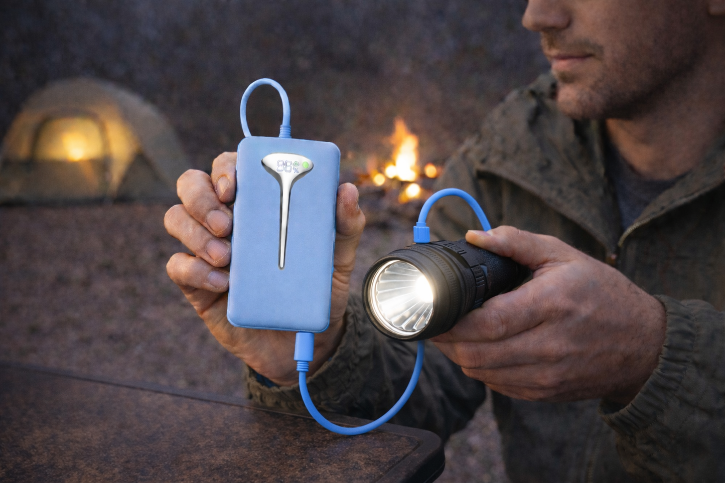homme recharge lampe torche avec batterie externe camping