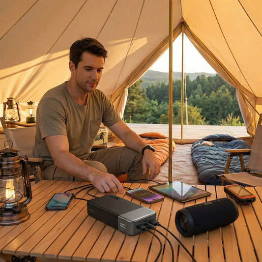 homme recharge plusieurs appareils simultanement tente batterie portable