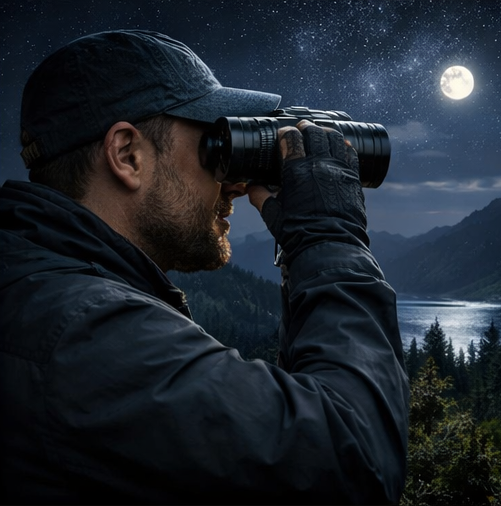 homme regardant nature nuit avec jumelles a vision nocturne