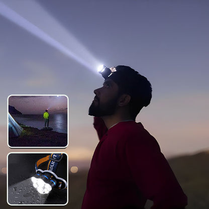 homme regarde ciel avec lampe frontale allumee