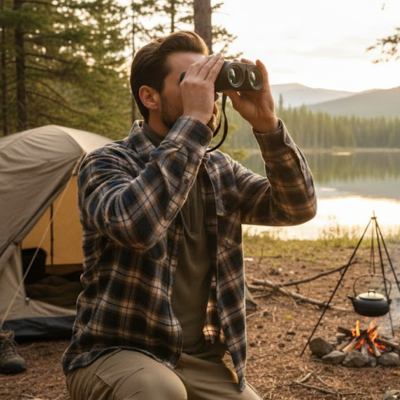 homme tenant jumelles camping