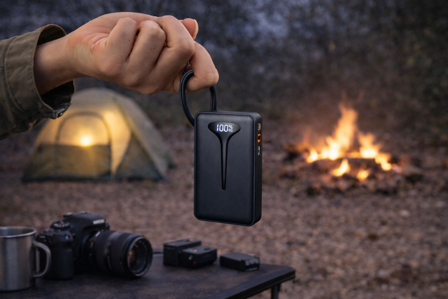homme tient batterie externe avec languette camping