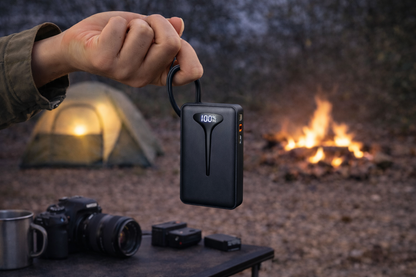 homme tient batterie externe avec languette camping
