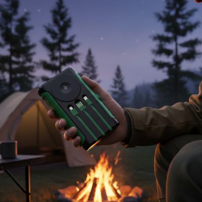 homme tient batterie externe solaire verte