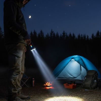 homme avec lampe torche rechargeable campement