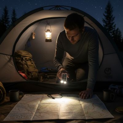 homme avec lampe torche rechargeable carte