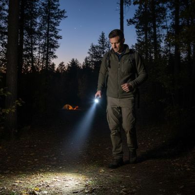 homme avec lampe torche rechargeable nuit