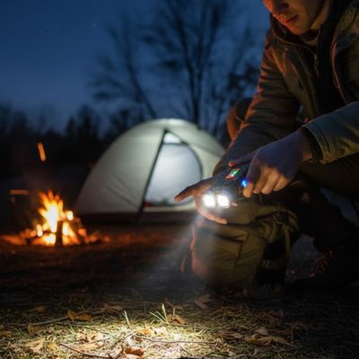 homme avec lampe torche rechargeable sol