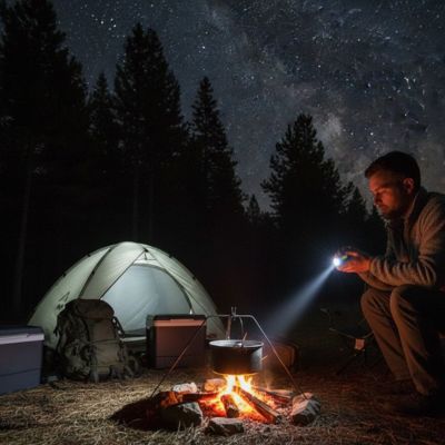 homme campement lampe de poche rechargeable