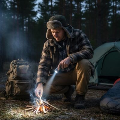 homme feu de camp lampe de poche rechargeable