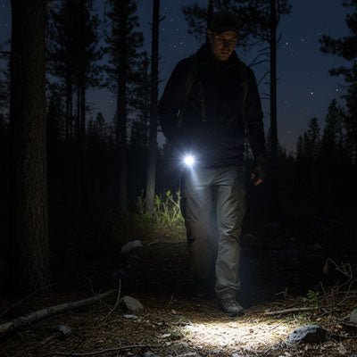 homme marchant dans la nuit avec lampe torche puissante