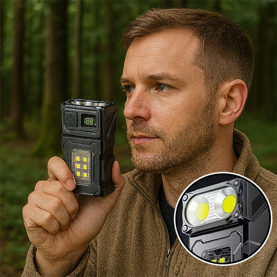 homme tenant lampe de poche puissante