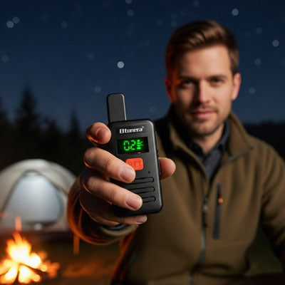 homme tient talkie walkie
