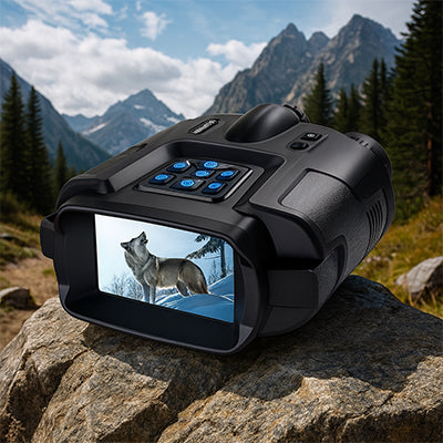 jumelle vision nocturne posee sur rocher montagnes