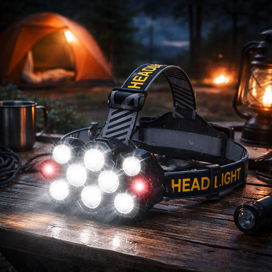 lampe frontale eclaire nuit posee sur table camping
