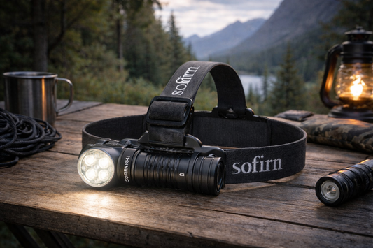 lampe frontale rechargeable sur table camping