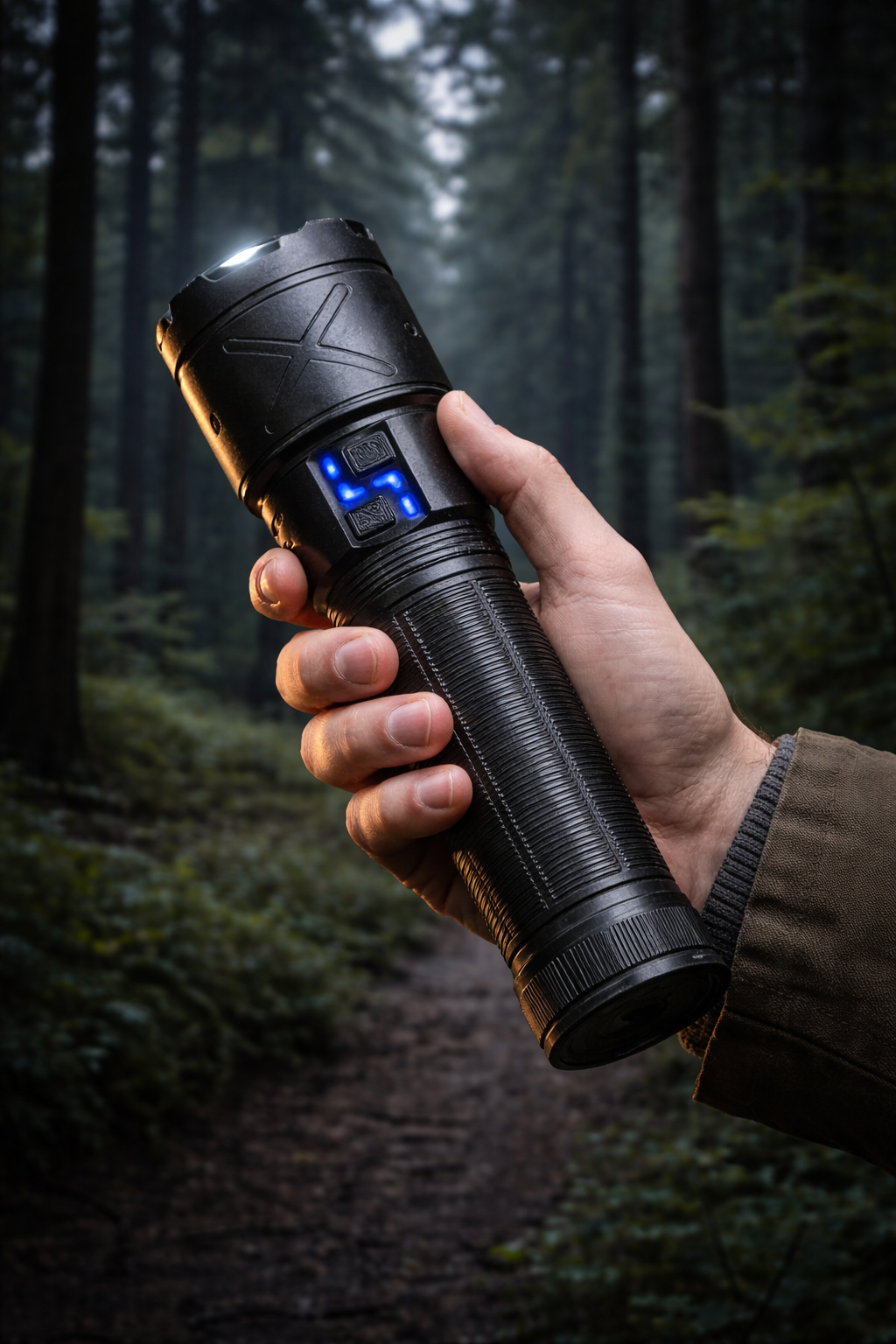 lampe torche dans main homme foret