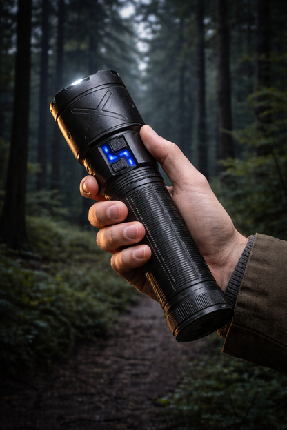 lampe torche dans main homme foret