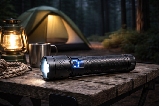 lampe torche posee sur table camping