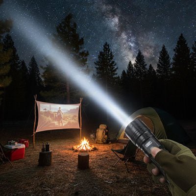 lampe torche puissante allumee avec feu de camp