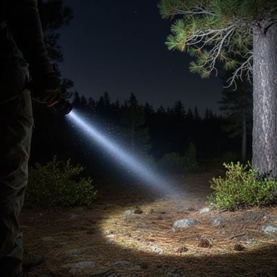 lampe torche puissante eclaire le sol la nuit