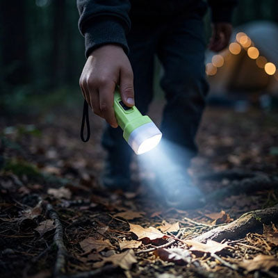 main enfant eclaire sol avec lampe torche enfant