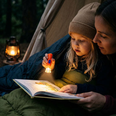 maman et fille lisent avec lampe torche enfant camping