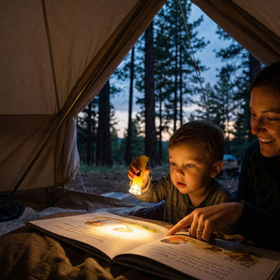 maman et petit garcon lisent avec lampe torche enfant tente