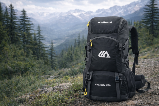 sac de randonnee pose sur sol nature